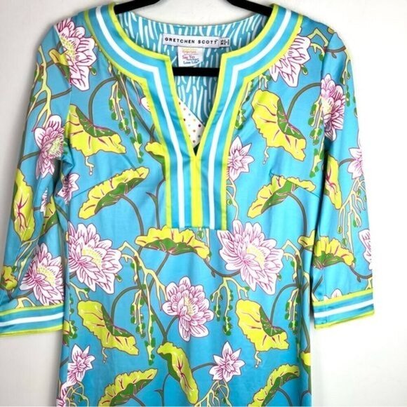 Gretchen Scott Designs Split Neck Jersey Dress Size XS Mystic Garden Turquoise - Picture 5 of 10